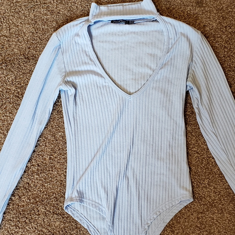 Deep plunge choker long-sleeve bodysuit with snap